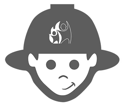 Kindergruppen in der Feuerwehr logo mit gezeichnetem Kinderkopf mit Helm